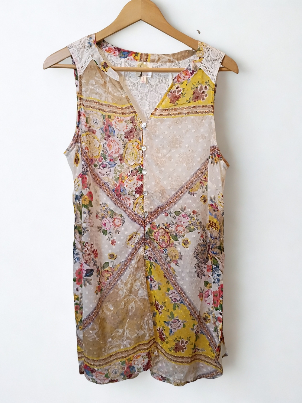 Anthropologie Fig & Flower Lace Floral Semi Sheer Button Tunic Blouse Top L Boho